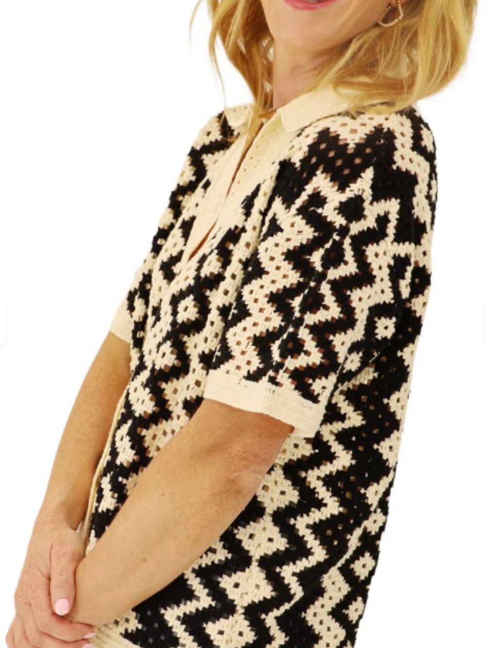 Rain + Rose Crochet Button Up Top – Black & Cream – Size Small – Textured Knit - Picture 12 of 12